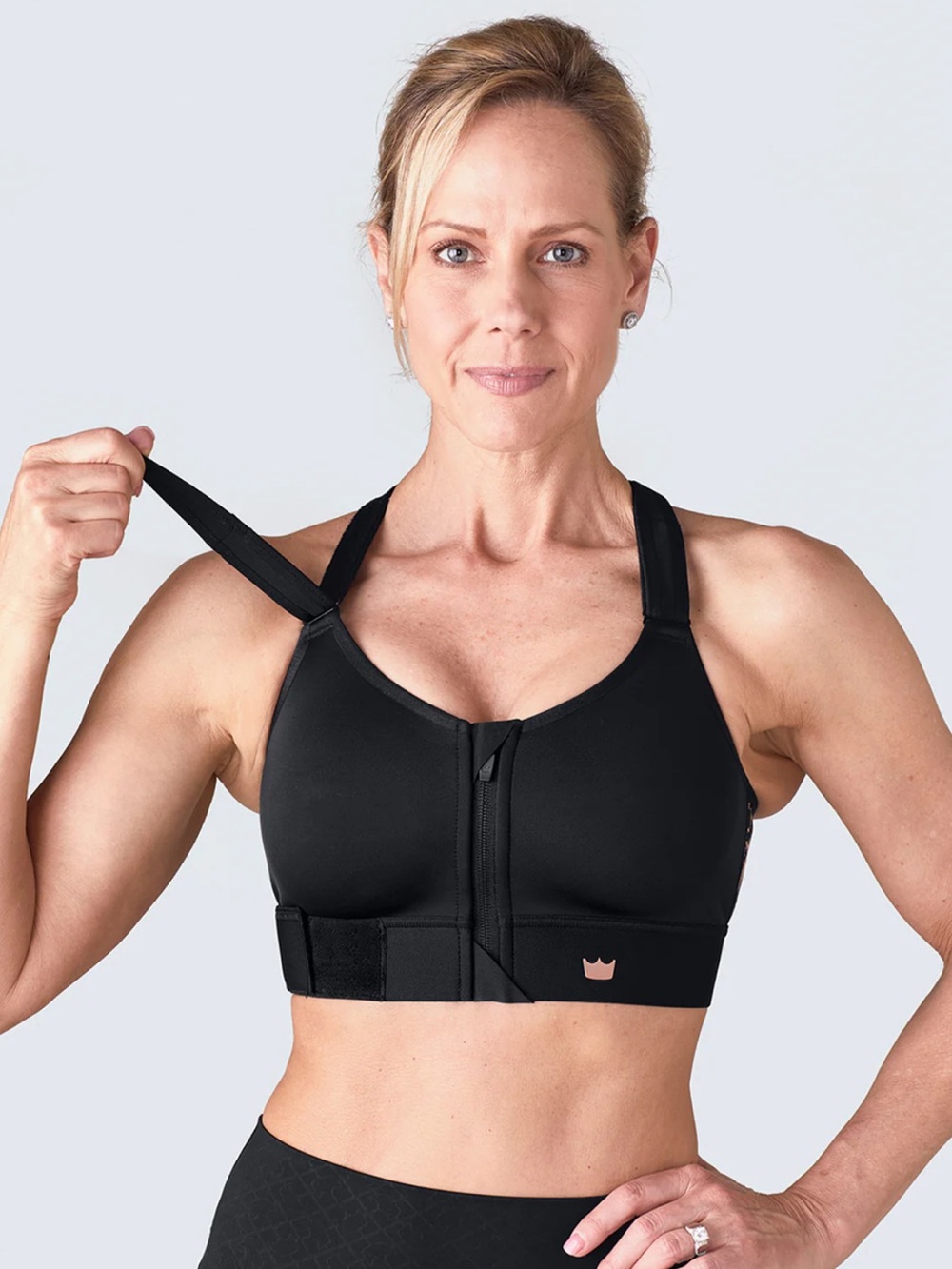 Shefit Black Metallic Flex Sports Bra Front Zip Cinch Lift Adjustable Workout